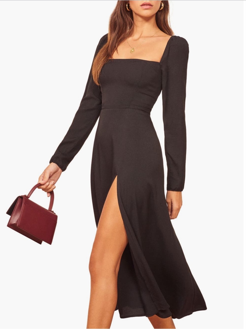 Reformation Sigmund Square-Neck Black Midi Dress